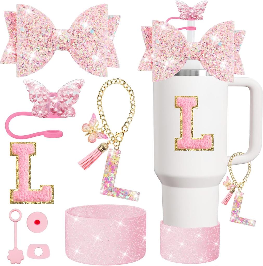 Набор из 8 предметов аксессуаров для стакана Stanley 30 унций 40 унций: топпер для соломинки, крышка-заглушка, чехол-ботинок, заглушка от проливания, подвеска-шарм, наклейка с инициалами