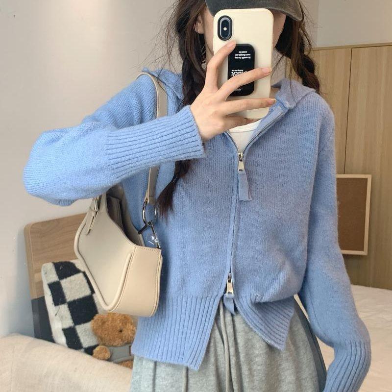 Women's Gray Zip-Up Hooded Knit Cardigan – Pure & Sexy Style, Autumn Short Sweater Top