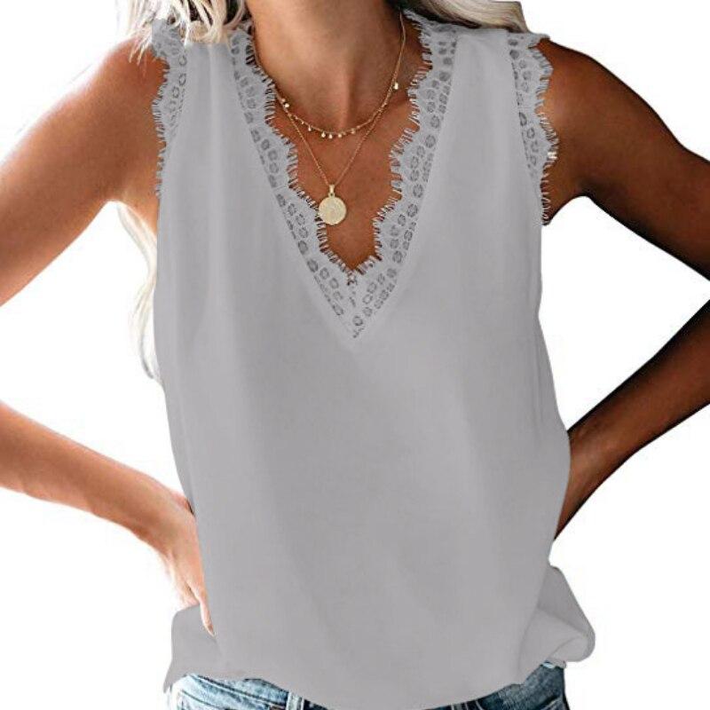 Сексуальный шифоновый жилет без рукавов 2023, летний однотонный модный кружевной топ с v-образным вырезом, женский топ на бретелях, повседневная свободная одежда Blusas 24706