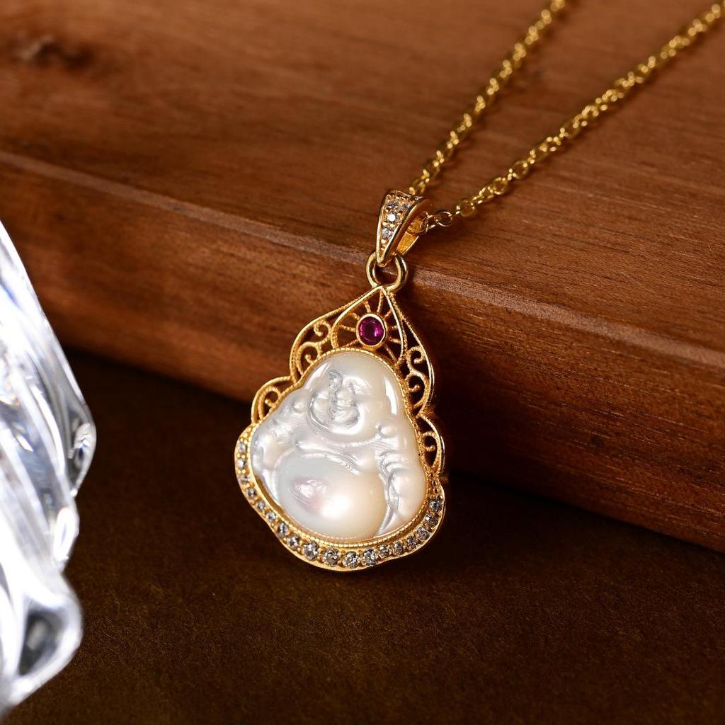 S925 Sterling Silver Mother-of-Pearl Buddha Pendant Necklace - Chinese Style Classic Clavicle Chain (X136)