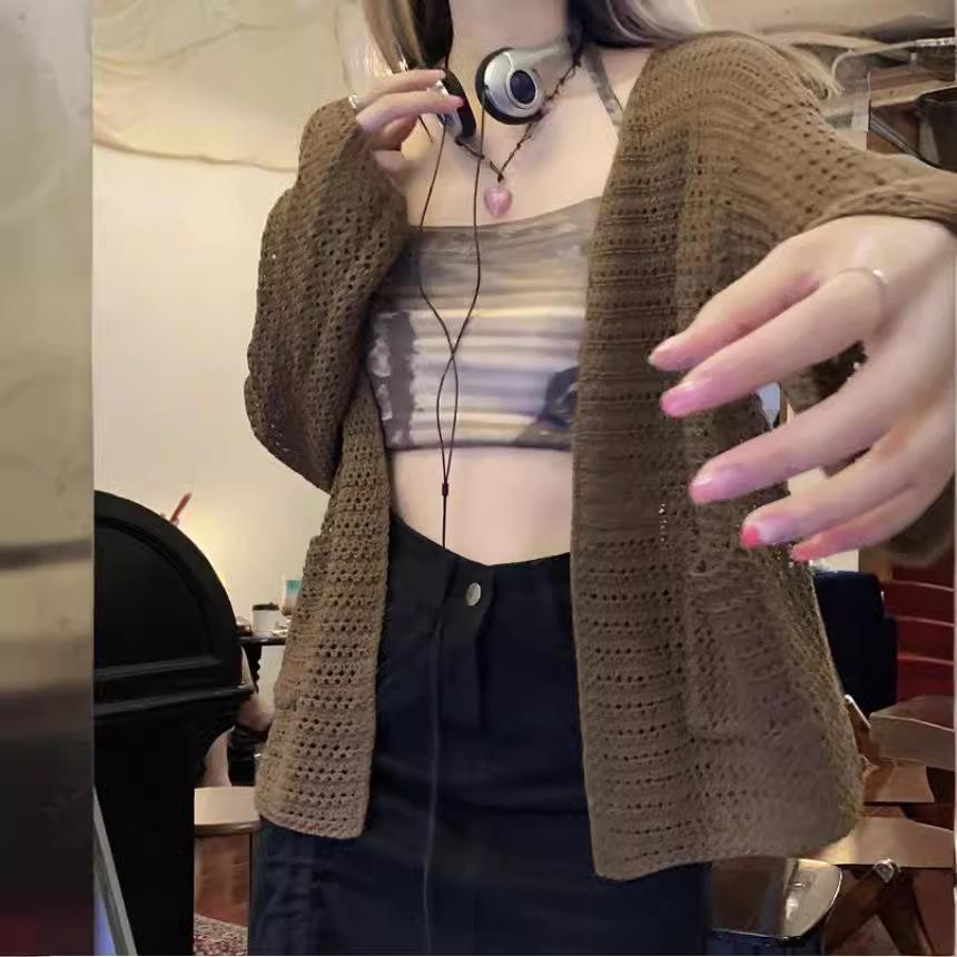Летний женский тонкий ажурный кардиган с карманами, вязаный, верхняя одежда, нишевый дизайн, горячая девушка, солнцезащитная шаль, топ, пальто