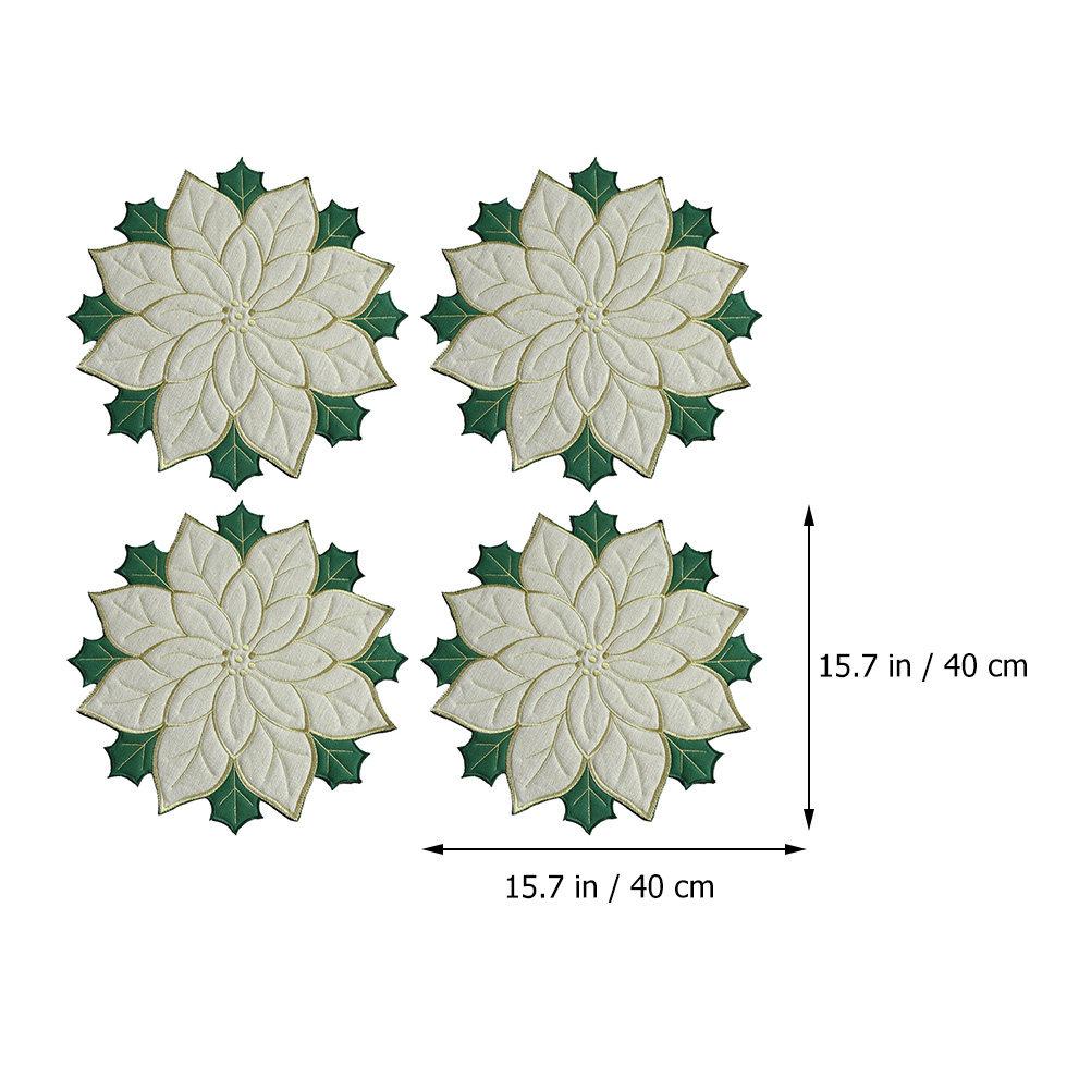 4Pcs Reusable Placemats Christmas Poinsettia Embroidery Insulated Table Mat Set Decorative Dinning Plate Mats for Home Holiday