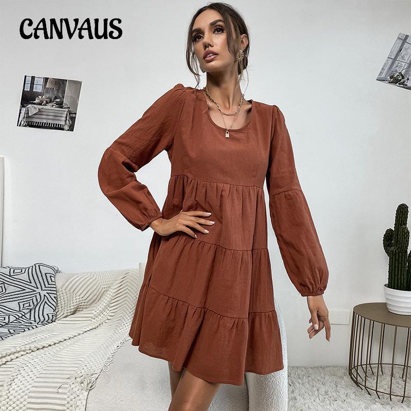 Весенние и осенние женские платья, модные короткие однотонные платья с длинными рукавами