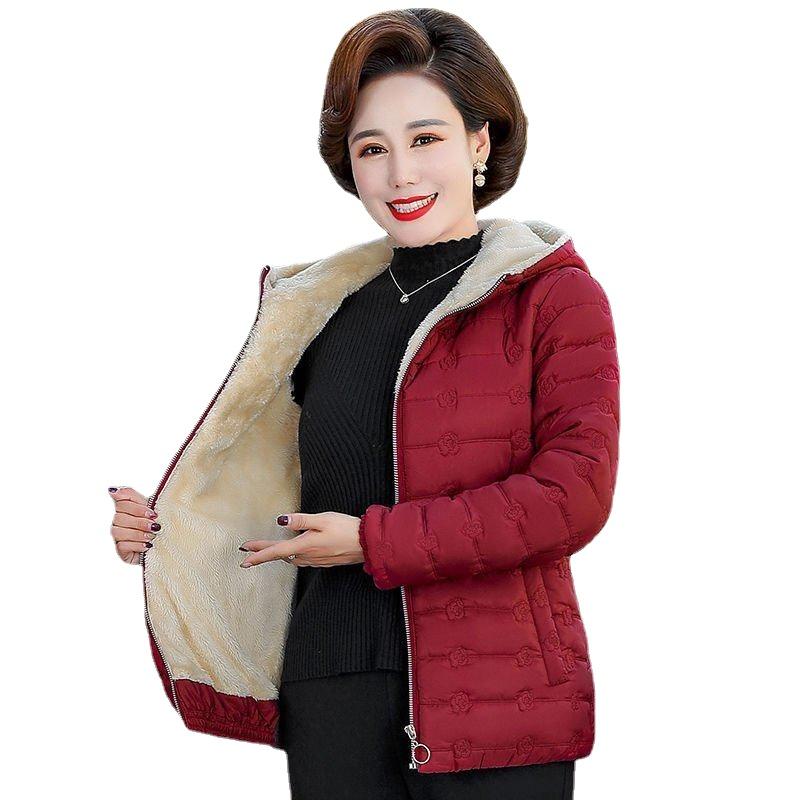 Brand Women's Autumn and Winter Coat Short Printed Hooded Solid Color Plus Fleece Padded Jacket