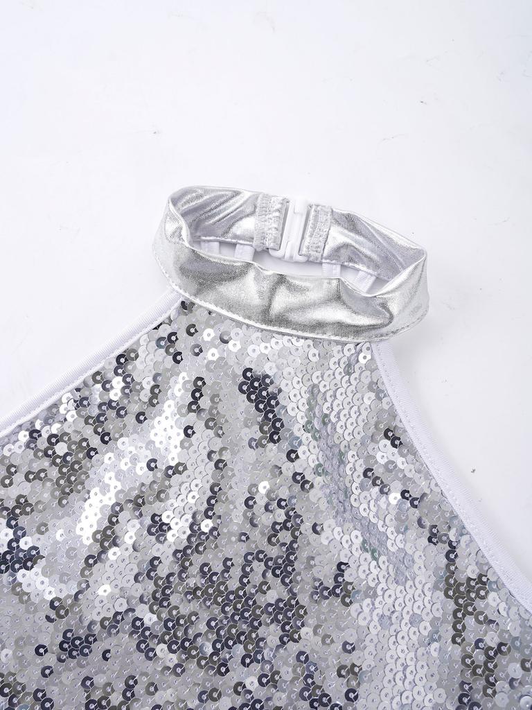 Костюм для танцев для девочек, топ-халтер без рукавов с открытой спиной, платье-пачка, украшенное блестящими пайетками, комплект с головным убором