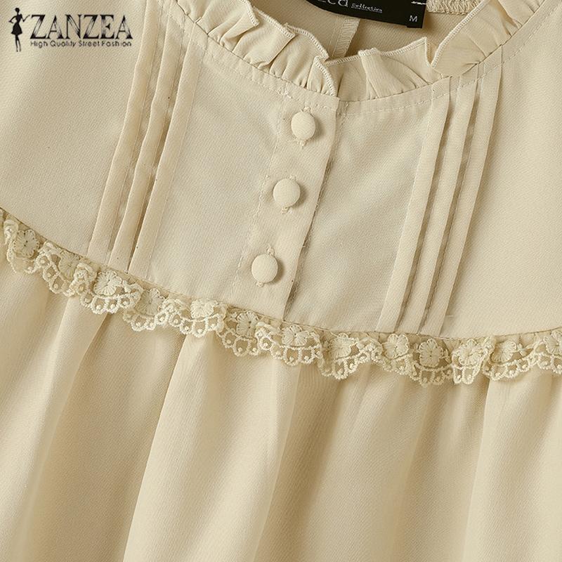 ZANZEA Женские винтажные кружевные блузки с круглым вырезом и длинным рукавом в полоску