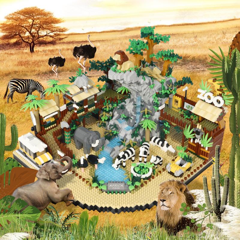 4800 шт., креативные микрочастицы, африканская дикая природа, лев, зебра, животное, зум, городские строительные блоки, вид на улицу, сборка кирпичей, игрушки