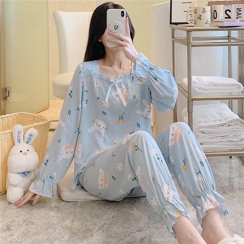 Пижамы женские с длинными рукавами из тонкого хлопка и шелка корейский комплект одежды для сна больших размеров