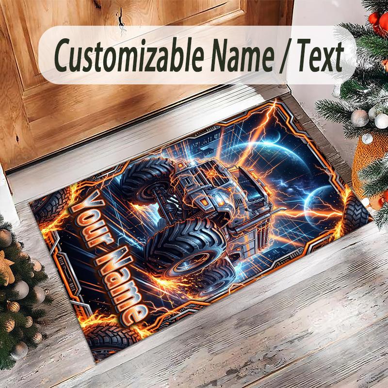 Monster Truck Theme Crystal Velvet Rug Personalized Custom Name Text Soft Floor Mat Home Decor