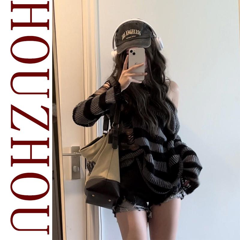 Готический панк свитера с отверстиями женская мода Harajuku пуловер большого размера свитер вязаный джемпер модный винтажный полосатый свитер