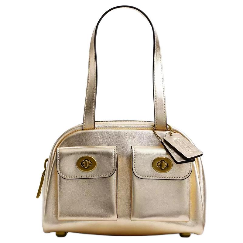 COACH Twin Turnlock 20 Leather Shoulder Bag Small Women's Light Gold