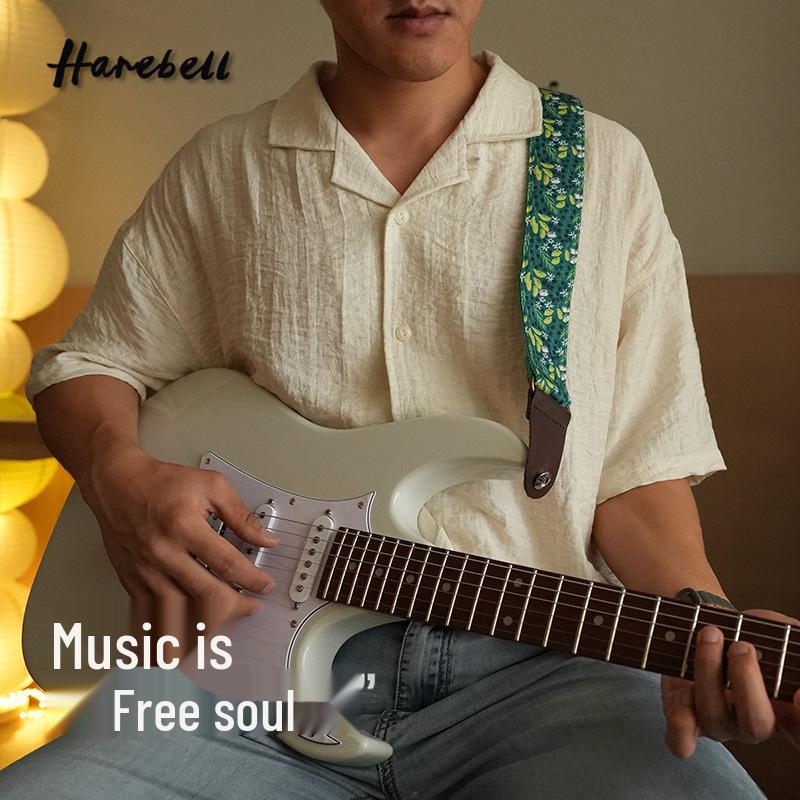 Retro Forest Style Faux Leather Guitar Strap with Green Leaf Vine Design