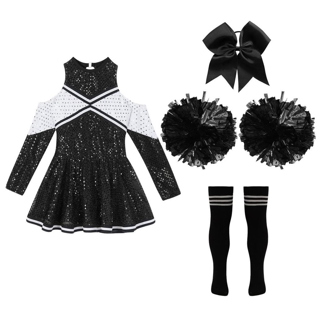 Костюм черлидинга для девочек, платье Cheer Leader с блестками и длинными рукавами, комплект с помпонами, вечеринка на Хэллоуин, день рождения