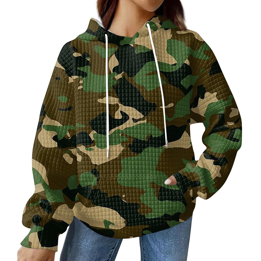 Women's Fashionable Loose Fitting Hooded Pullover, Long Sleeved Sportswear, Camouflage Printed Top, Daily Hoodie