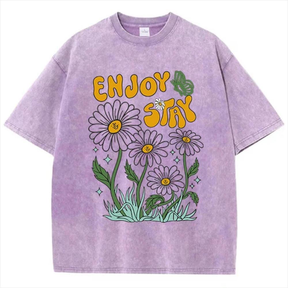 Flower Butterfly Enjoy Stay Print T-Shirt Mens Shoulder Drop Popular T Shirt Fashion Vigor Tees Normcore Streetwear