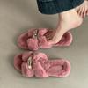 2025 Autumn and Winter Fashion Simple Belt Buckle Internet Celebrity Fluffy Slippers Women Wear Casual Thick-soled One-word Cotton Shoes
