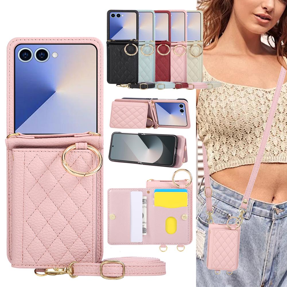 Leather Wallet Case for Samsung Galaxy Z Flip 8 7 Fe 7Fe 6 5 4 3 Flip8 Flip7 Flip6 Card Slot Ring Holder Crossbody Phone Cover