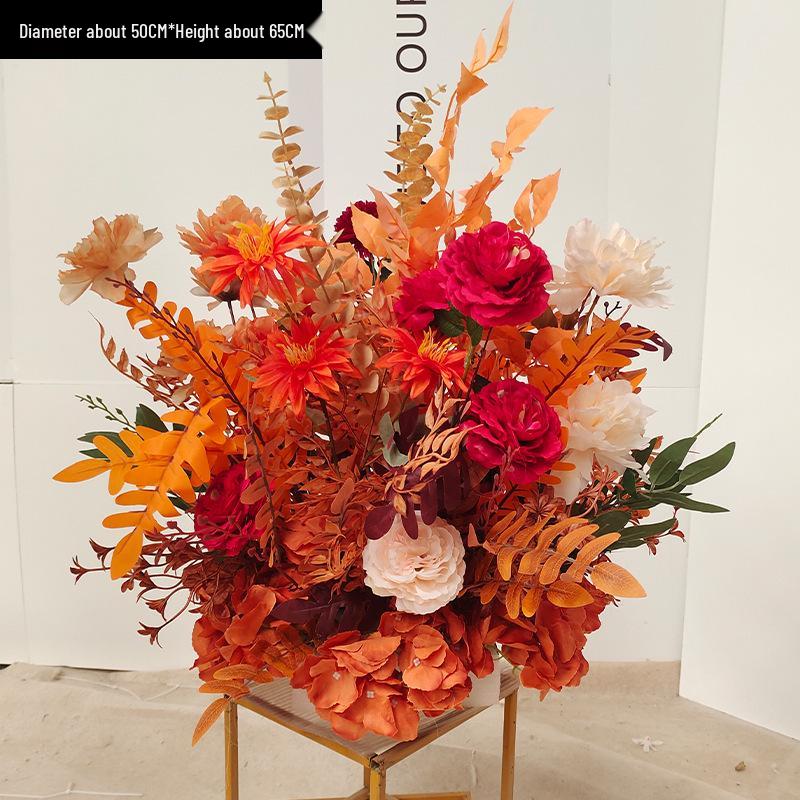 Red Floral Wedding Stage Backdrop with Artificial Flower Rows