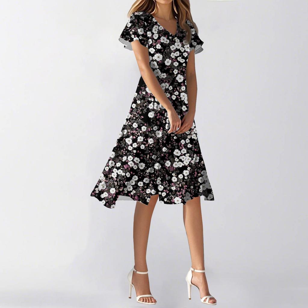 Женское летнее повседневное модное платье с цветочным принтом и V-образным вырезом, короткая юбка с коротким рукавом