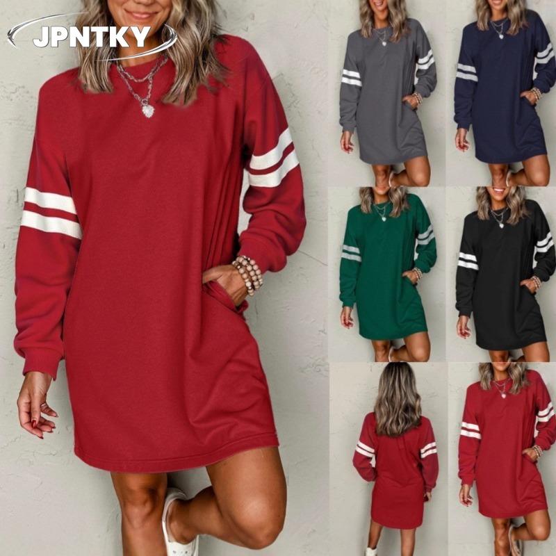 JPNTKY Модные повседневные платья с длинным рукавом и круглым вырезом, Осень-Зима