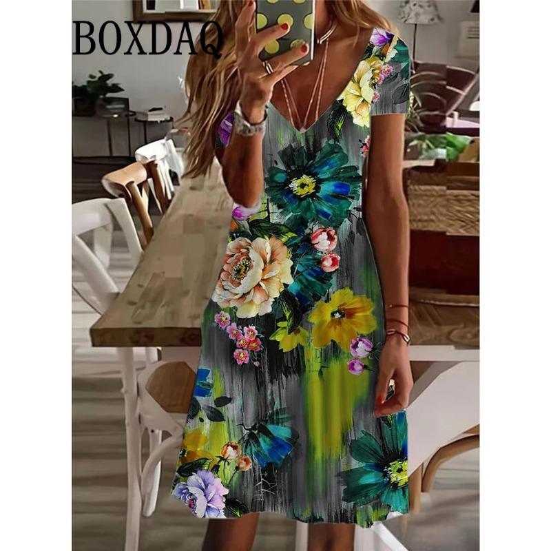 Женское повседневное платье летнее с растительным цветочным принтом, V-образным вырезом, миди-платье, винтажное, на каждый день, с коротким рукавом, свободное, больших размеров, 6XL, сарафан