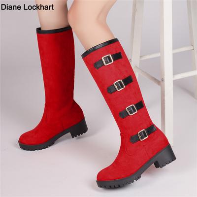 Модные женские сапоги с ремешком и пряжкой, ботфорты до колена, на толстом каблуке и платформе, лодочки, длинные, осенне-зимние, тонкие, высокие, простые, женские боты