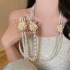 Rhinestone Multi-layer Necklace Baroque Style Camellia Clavicle Chain Pearl Flower Necklace  Girls