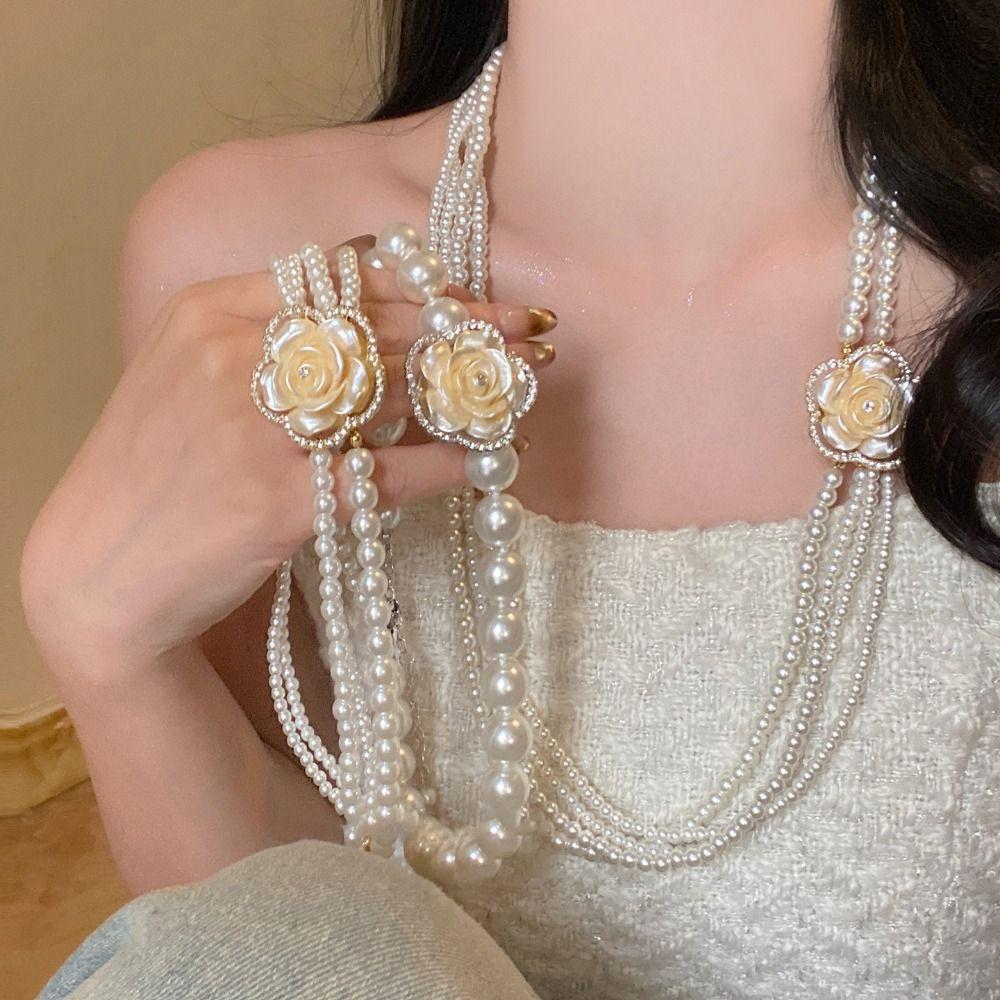 Rhinestone Multi-layer Necklace Baroque Style Camellia Clavicle Chain Pearl Flower Necklace  Girls