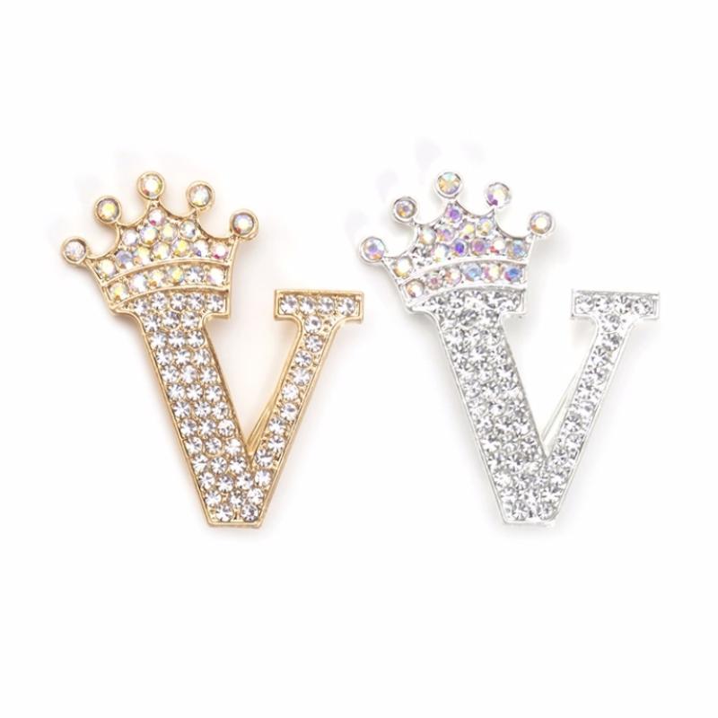 Fashion Crown 26 Initial Letters A To Z Rhinestone Brooches For Women Coat Dress Lapel Collar Pin Jewelry Accessries