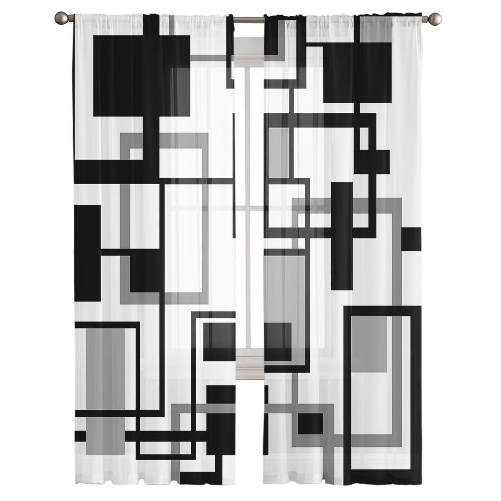 Геометрические черные, белые, серые прозрачные шторы из вуали для гостиной, окна, шифоновые тюлевые занавески, занавески для кухни, спальни, домашний декор