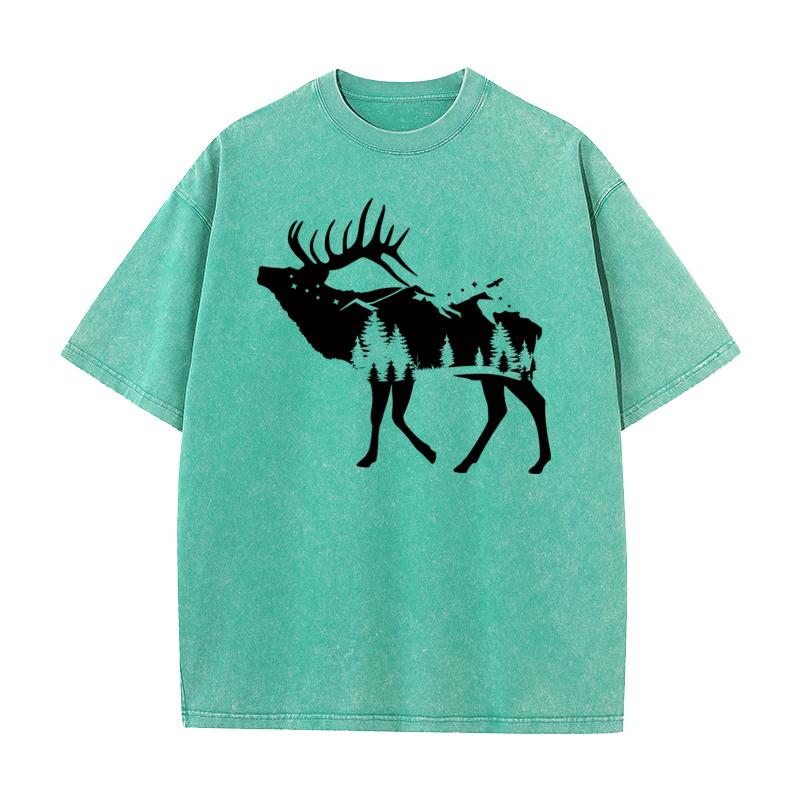 Short Sleeve Tees Christmas Round Neck Combed cotton Woman Washed Tshirts Round Neck Forest Elk Party Washed Tee Shirts Family