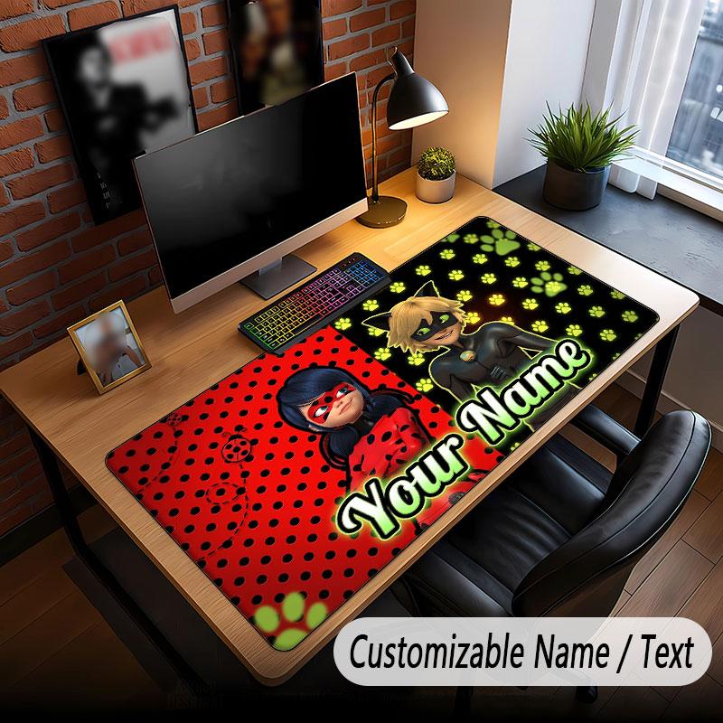 Custom Name Text Big Mouse Pad,Miraculous Ladybug Soft Non Slip Extended Desk Mat For Home Office