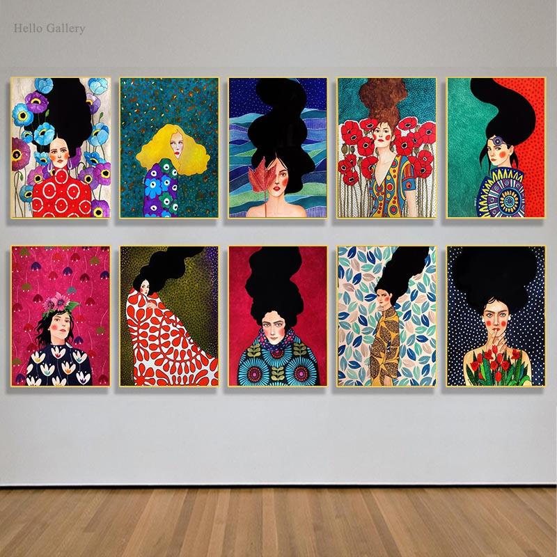 Abstract Flower Girl Colorful Long Hair Nordic Poster Female Wall Art Canvas Painter