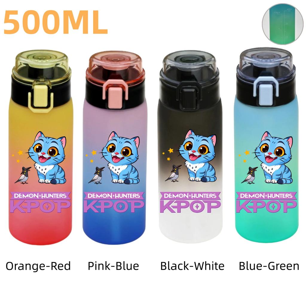 500ML KPop Demon Hunters Plastic Anime Water Cup Has Scale Travel Office Gym Hiking Portable Drink Bottles Outdoor Sport Gifts