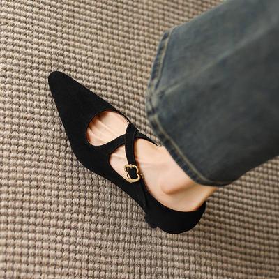 Замша овчина мода лето весна осень низкие каблуки пряжки ремешки женская обувь острый нос сексуальные туфли-лодочки