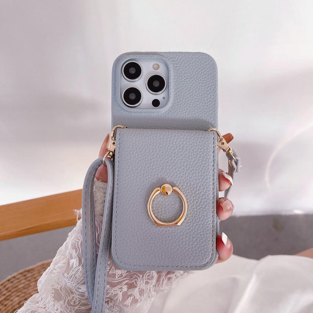 Чехол для телефона со кольцом-подставкой для iPhone 17 Air 16 15 14 Plus 13 12 11 Pro Max Держатель для кредитных карт в кармане Ремешок для ношения на шее Кожаный чехол