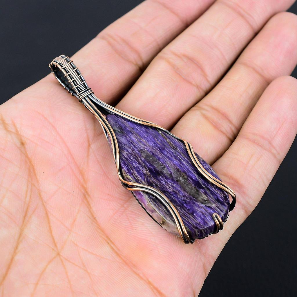 Фиолетовый чароит, драгоценный камень, чистая медная проволока, обернутая подвеской ручной работы, ювелирный подарок для нее