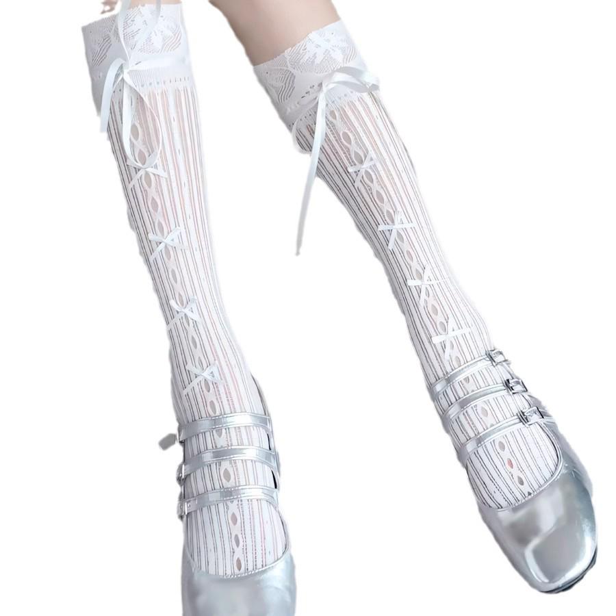 Сладкие балетные носки для девочек с кружевом и бантом из ленты – Белые в сетку