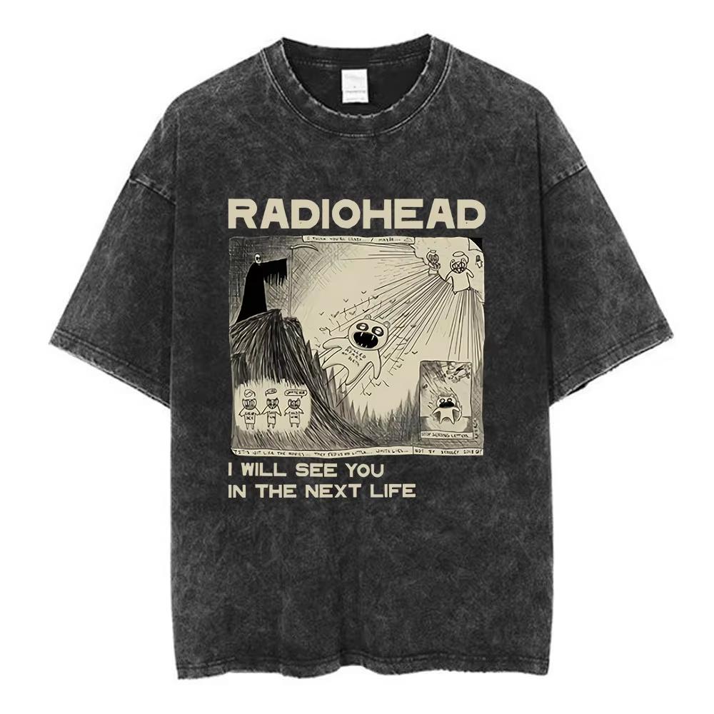 Rock Band Radiohead The Bend Забавная Кошка Винтажные Стираные Футболки Мужские Женские Мода Хип-Хоп Футболки Хлопок Мужская Футболка Уличная Одежда