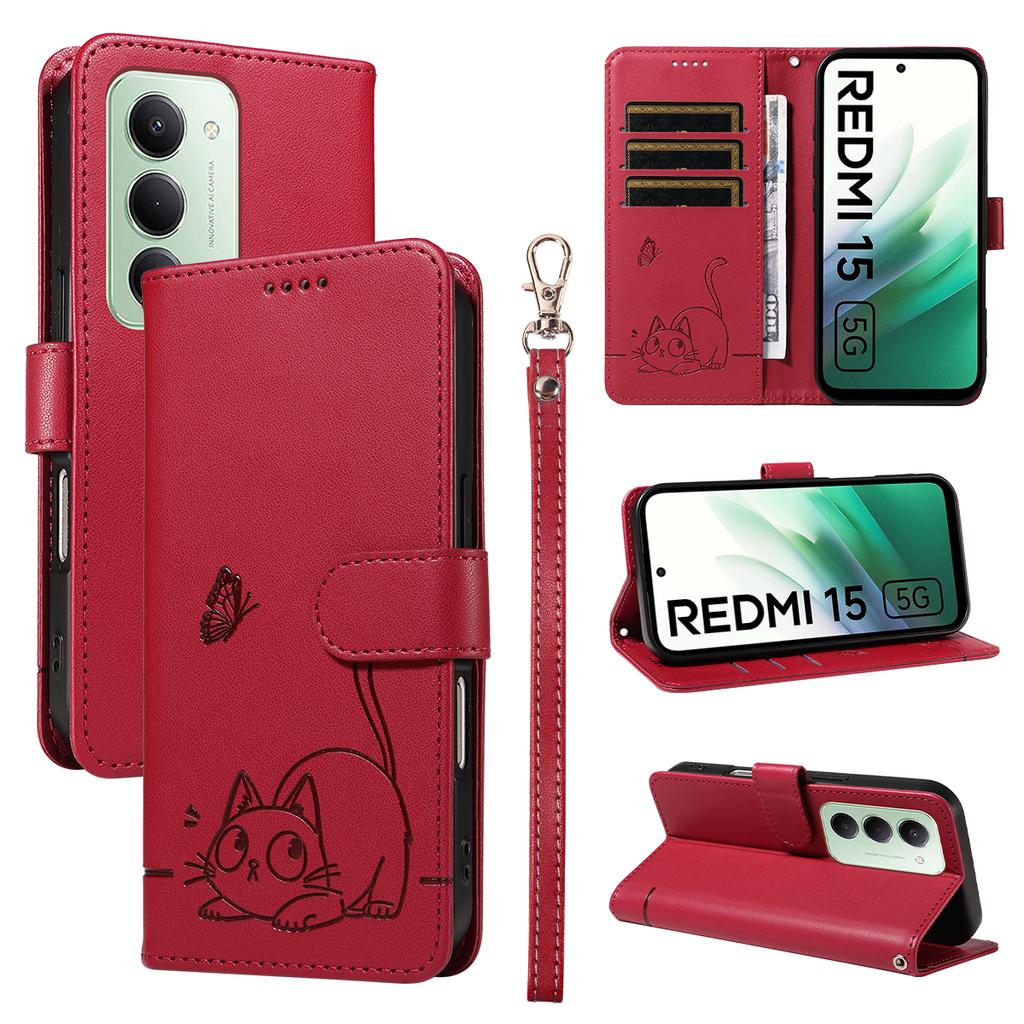 Для Xiaomi Redmi 15 4G (США) (171 мм) Чехол Кошачий узор Тиснение Кожаный Чехол для телефона с ремешком на запястье
