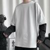 Men T-shirt Fake Two Piece Round Neck Long Sleeve Contrast Color Pullover Spring Loose Patchwork Bottoming Shirt Streetwear