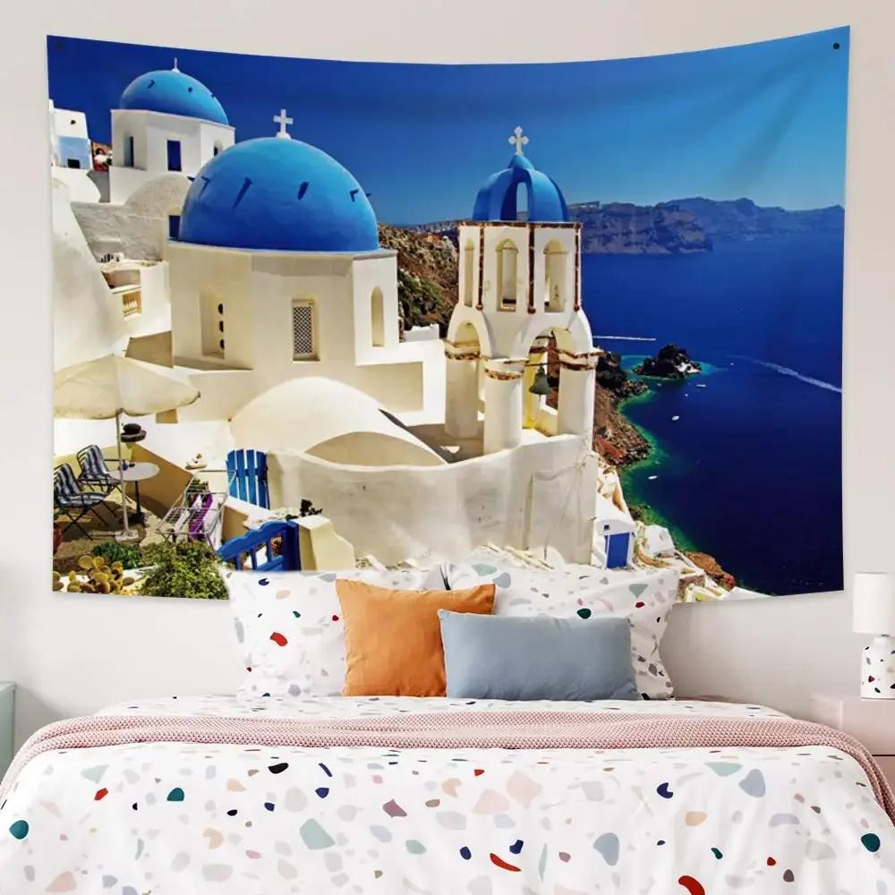 Santorini TapestryWall Hanging Beautiful Town Santori Landmark Nature Europe Tapestry for Bedroom Living Room Tablecloth Dorm