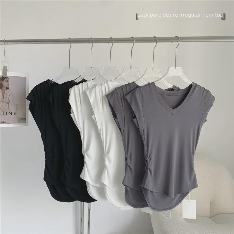 2025 Summer Women's V-Neck T-Shirt - Pure Desire, Small Flutter Sleeves & Irregular Hem, Solid Slim Fit