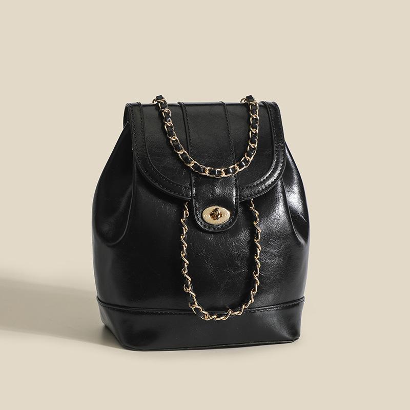 Fashion Women Leather Backpack Oil Wax Pu Leather Knapsack Mini Rucksack Chain Bucket Shoulder Bag