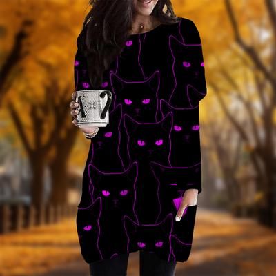 Новинка осени Холодное сердце Кошка Принт Плюс Размер Платье Женщин О-образным Вырезом Длинные Рукава Повседневные Карманные Платья