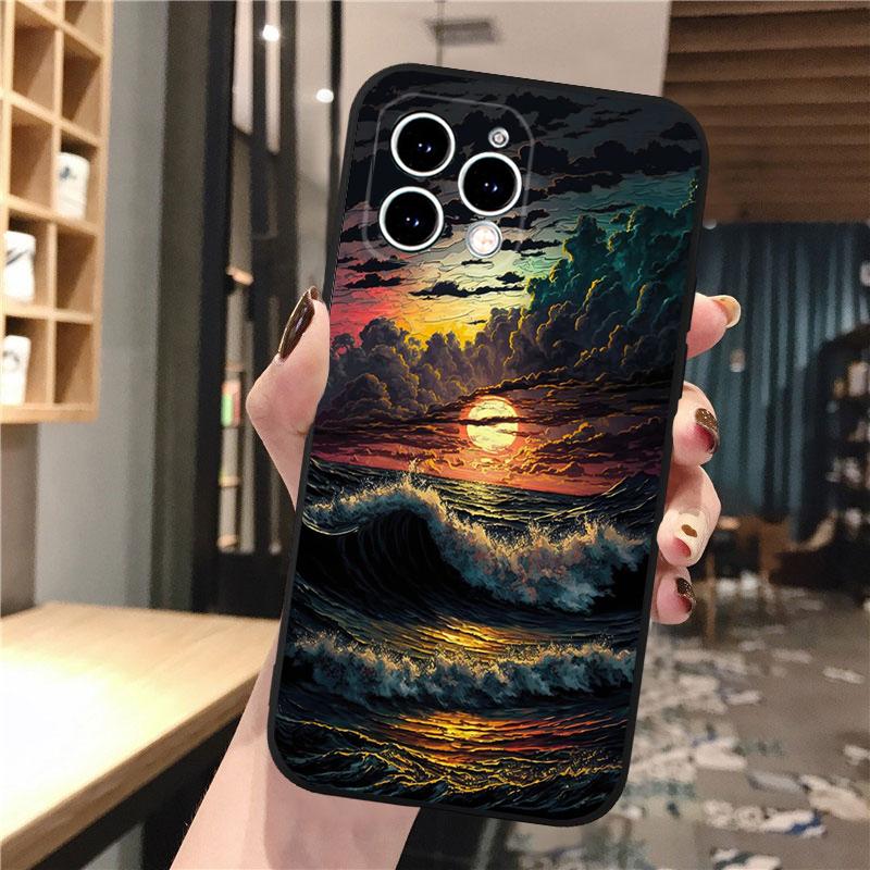 Красивый пейзажный чехол Moon Wave Art для iPhone 15 14 Pro Max 13 12 11 Pro Max XSMax XR 12 13 mini 14 Plus