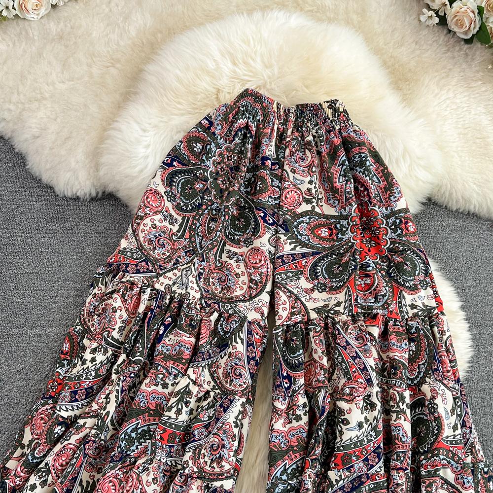 Summer Bohemian Vacation Beach Pants Elegant High Elastic Waist Wide Leg Printed Trouser Casual Flare Fladas New Fashion