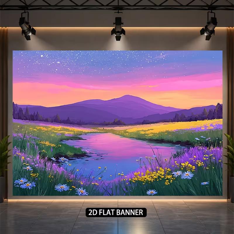 2D Printed Meadow Backdrop Starry Sky with Wildflowers & Mountain Background Cloth