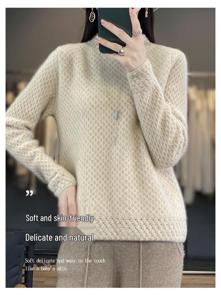 Women's Autumn Winter Thick Wool Sweater - Korean Style Half High Collar, Hollow Out Floral Design