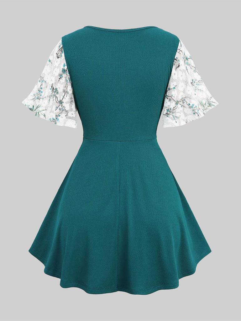 Rosegal Plus Size Plum Bossom Flowers Кружева Горячее тиснение Ребристый Текстурированный Лоскутный Твист 2 В 1 Топ